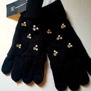 NWT INC International Concepts Black Knit Texting Gloves w Pearl Rhinestone Trim